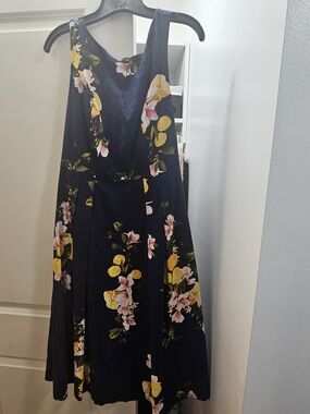 New York & Company Navy Floral Pinafore Dress with Yellow and Pink Blooms